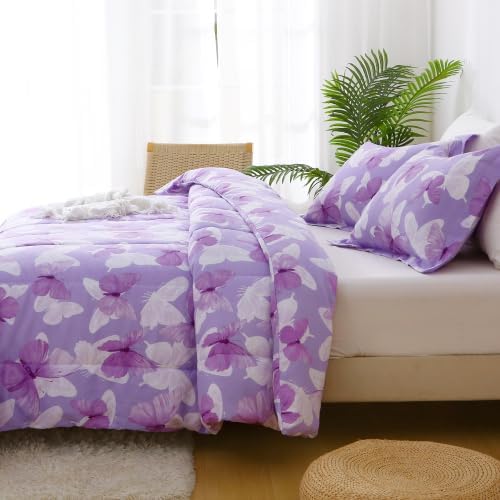Mooreeke Purple Twin Size Comforter Sets, Lightweight Butterfly Printed Bedding for All Seasons, 2-Piece Vintage Bed in a Bag with Fluffy Quilted Reversible Comforter & Pillow Sham