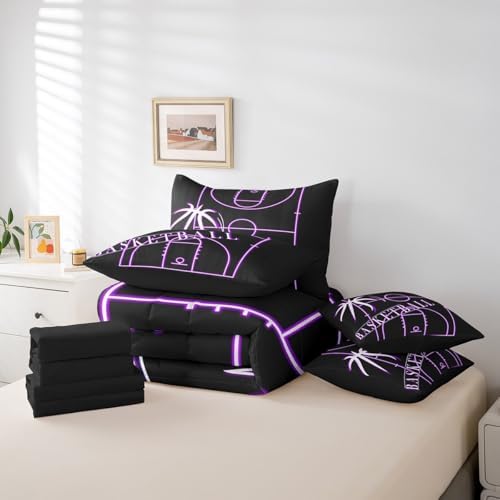 Teens Basketball Bedding King Size 7Pcs for Boys Sports Comforter Set, Black Purple Basketball Court Bedding Comforter Sets Ball Gaming Bed in a Bag, Sport Gamer Bedding Accessories (Black Reversible)