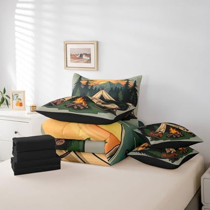 Erosebridal 7 Piece RV Camper Twin Comforter Set,Camping Chairs Tent Bedding Set with Sheets for Kids Adults,Mountain Forest Bed Set Travel Trailer Bunk Bedding Sets with Fitted Sheet+Flat Sheet