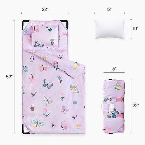 Wake In Cloud - Cot Nap Mat with Pillow and Blanket, for Toddler Kids Girls in Daycare Kindergarten Preschool Pre K with Elastic Corner Straps, Cute Butterfly Flowers, Purple