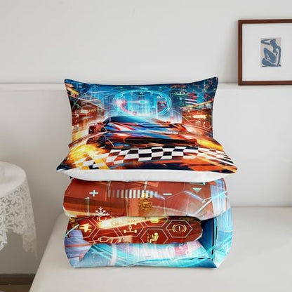 Feelyou Boys Orange Race Car Full Size Bedding Set Kids Racing Car Decor Comforter Extreme Sports Car Comforter Set for Teens Honeycomb Grid Car Comforter Quilt Set Car Room Decorations