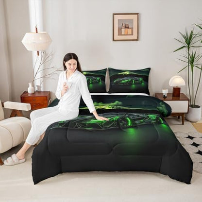 Extreme Sports Car Bed for Boys Green Race Car Comforter Queen Size Kids Racing Cars Quilt Set Boys Room Decor Cool 3D Cars Birthday Decorations for Toddler With 2 Pillow Cases Bedroom Decor-Soft Cozy