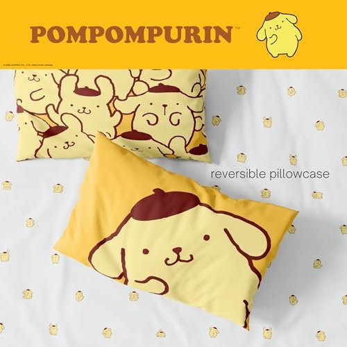 Sanrio Pompompurin Bedding Set, Queen Size 7 Piece Set Kids Super Soft Cozy Reversible Comforter and Sheet Set with Sham, (100% Officially Licensed Product) by Franco