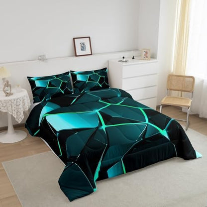 Feelyou Blue Green Hexagon Comforter Stereoscopic Honeycomb Comforter Set for Kids Geometrics Beehive Bedding Set Geometric Honeycomb Duvet Set Simplistic Room Decor Quilt Twin Size Boys