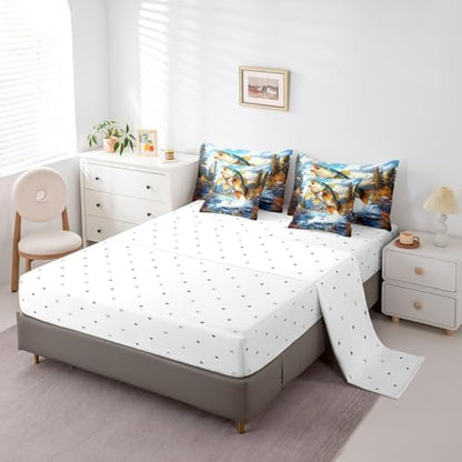 Erosebridal 7 Piece Big Bass Fish Comforter Set 3D Pike Fish Bedding Set Twin Farmhouse Hunting Theme Bed in a Bag Rustic Wildlife Sheet Set with Comforter Vintage Cabin Lake House Home Decor