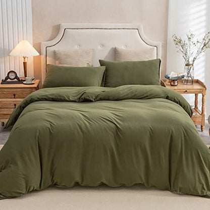 PURE ERA Jersey Knit Duvet Cover Set Solid Olive Green California King
