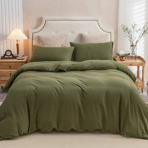 PURE ERA Jersey Knit Duvet Cover Set Solid Olive Green Full