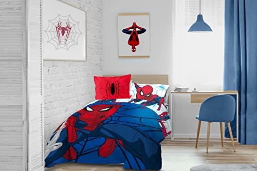 Marvel Spiderman Twin Comforter Set 5 Piece Kids Bedding for Boys, Blue