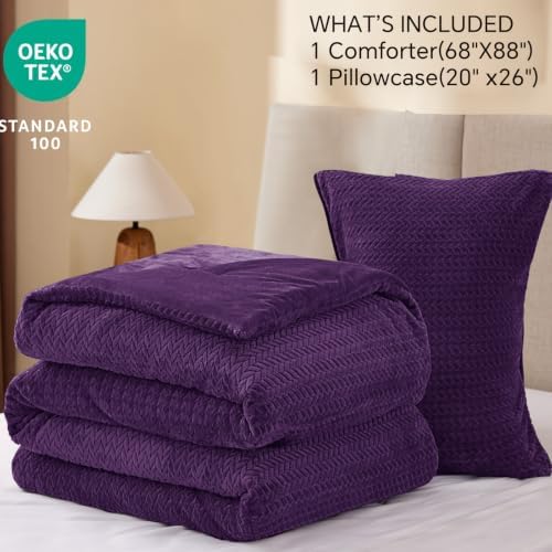 ChiXpace Fleece Twin Size Comforter Set Purple, Fluffy Bed Set 2 Pieces