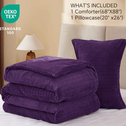 ChiXpace Fleece Twin Size Comforter Set Purple, Fluffy Bed Set 2 Pieces