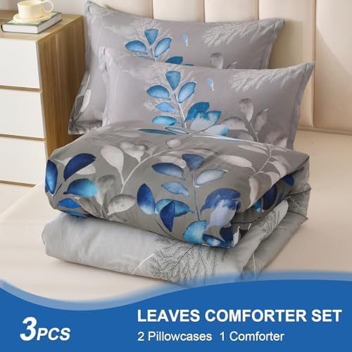 DJY King Size Comforter Set, Dark Grey Botanical Leaves Comforter Set King, 3 Pieces Reversible Blue Floral Bed Comforter Sets Soft Microfiber Bedding Comforter Set for All Season (90"x104")