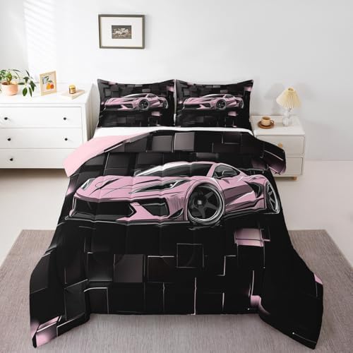 Erosebridal Girls Race Car Bedding Set Queen Size Pink Racing Car Comforter Set 3 Pieces Pink and Black Checkered Bedding Comforter Sets Abstract Down Comforter Room Home Decor