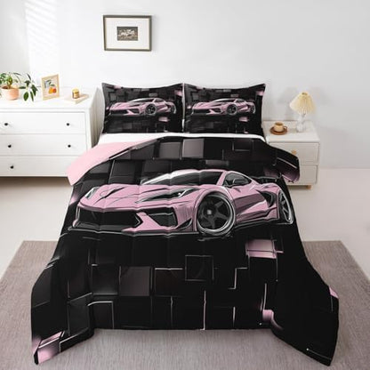 Erosebridal Girls Race Car Bedding Set King Size Pink Racing Car Comforter Set 3 Pieces Pink and Black Checkered Bedding Comforter Sets Abstract Down Comforter Room Home Decor
