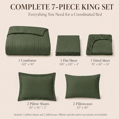 CozyLux King Size Comforter Set Olive Green- 7 Pieces Bed in a Bag