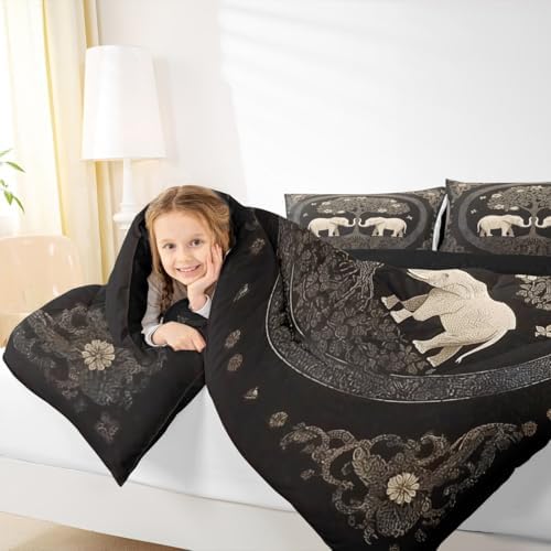 Manfei Boho Elephant Kids Comforter Set Full Size,Tree of Abstract Life Western Tribal Bedding Set,Girls Boys Room Decor,Flowers Plant Botanical Quilt Comforter,Black Retro Duvet Insert,2 Pillowcases
