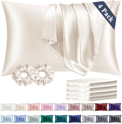 Vielit King Satin Pillowcase for Hair 4 Pack, Similar to Silk Pillow Cases, Easier Care Than Silk Pillowcase, Gifts for Women Men - Beige, 20x36 & Envelope Closure and 2 Satin Scrunchies