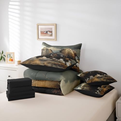 Erosebridal Indian Bison Bed in a Bag King Size Comforter Set 7 Pieces,Bullfight Competitive Sports Bedding Sets Bull Western Animals Sheet Set with Comforter