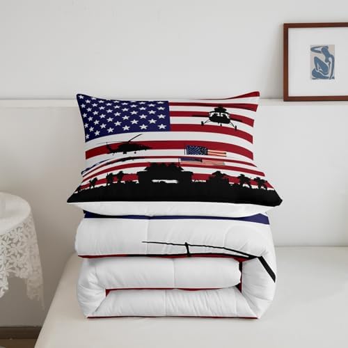 American Flag Comforter Set for Girls Kids Boys Men Soldier Rifle Helicopter Tank Bedding Set Red Blue Stars Stripes USA Flag Comforter Room Decor Army Guns Military Down Comforter King Size Boys