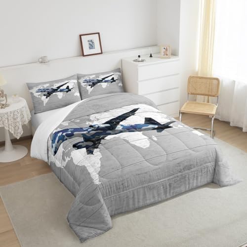 Erosebridal Kids Adult Airplane Comforter Set Full Size,Navy Blue Camo Plane Bedding Set for Toddler Boys Girls,Aviation Decor for Home Aircraft Comforter Set Breathable Map Quilt Bed Set 3Pcs