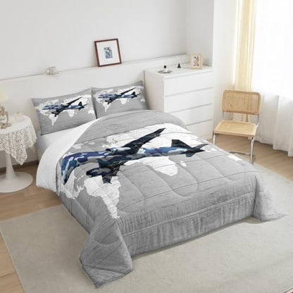 Erosebridal Kids Adult Airplane Comforter Set Full Size,Navy Blue Camo Plane Bedding Set for Toddler Boys Girls,Aviation Decor for Home Aircraft Comforter Set Breathable Map Quilt Bed Set 3Pcs