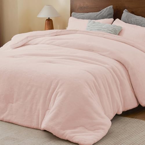 BEDELITE Faux Fur Queen Comforter Set Baby Pink,Warm Comforter for Winter