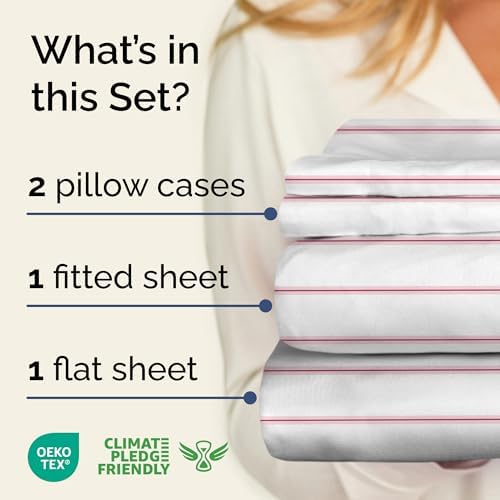 Full 4 Piece Striped Sheet Set - Soft, Breathable & Cooling - Red Stripe