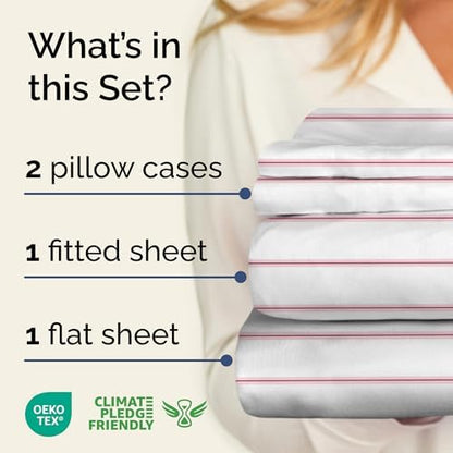 Full 4 Piece Striped Sheet Set - Soft, Breathable & Cooling - Red Stripe