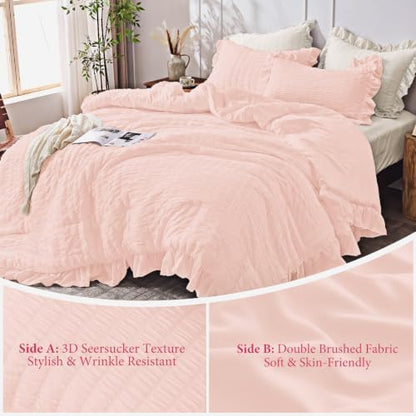 JOLLYVOGUE Blush Pink Queen Comforter Set,3pcs Ruffle Seersucker Bed Set