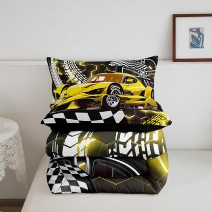 Toddler Race Car Bed for Boys,Yellow Neon Lights Honeycomb Bedding Set Cool Sports Car Glitter Beehive Geometric Hexagon Comforter Set King,Black White Grid Lattice Quilt Buffalo Plaid Decor