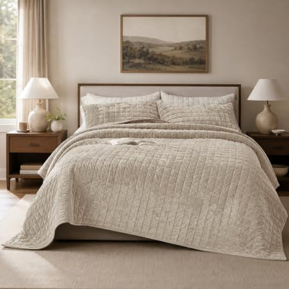 Quilt Set Oversized King Size 120x120 Luxurious Velvet Bedding Sets with 2 Pillow Shams 20x36 3 Pieces Ultra Soft Quilted Bedspread Coverlet Comforter for All Season,Beige