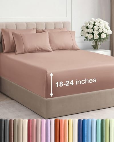 Extra Deep Queen Sheet Set - 6 Piece Breathable and Cooling Sheets - Mauve