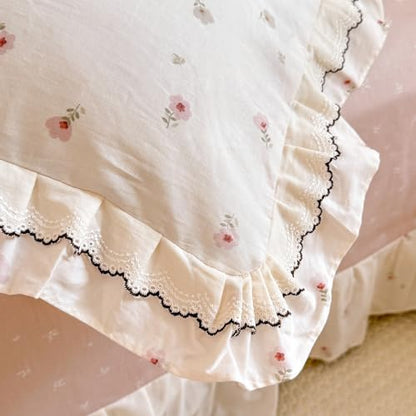 mixinni Cottagecore Shabby Chic Tiny Pink Floral Duvet Cover Twin XL, Premium 100% Cotton Dual-Sided Ruffle Lace Bedding, Vintage Farmhouse Princess Duvet Cover with Zipper & Corner Ties