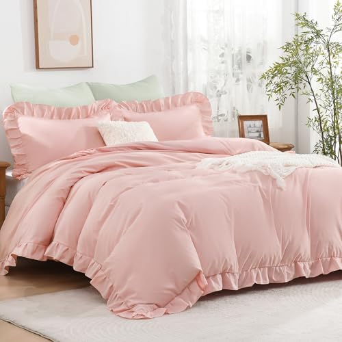 Andency Blush Ruffle Duvet Cover Full, Shabby Chic Farmhouse Bedding Set