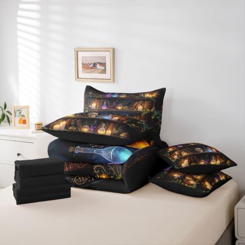 Erosebridal Gothic Bookshelf Skull 7 Pcs Bedding Set King Witchcraft Library Comforter Set with Sheets Mysterious Magic Bookcase Vintage Bed in a Bag Spooky Halloween Wizard Antique Bed Sets Comforter