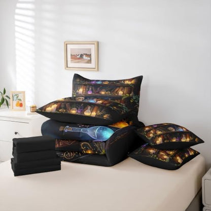 Erosebridal Gothic Bookshelf Skull 7 Pcs Bedding Set King Witchcraft Library Comforter Set with Sheets Mysterious Magic Bookcase Vintage Bed in a Bag Spooky Halloween Wizard Antique Bed Sets Comforter