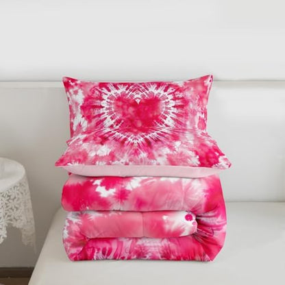 Rose Red Tie Dye Comforter Set Queen Size,Cute Heart Pink Tie Dye Bedding Set 3pcs for Kids Teens Girls Women Room Decor,Watercolor Tie Dye Quilt Set Modern Fashion Down Comforter with 2 Pillowcases
