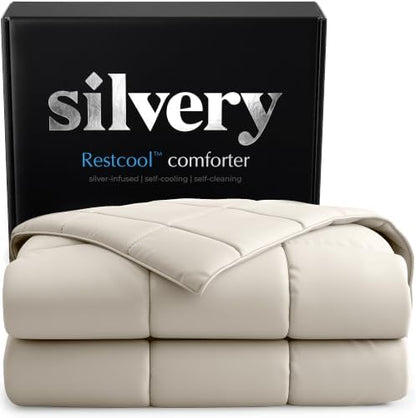 Silvery Cooling Comforter – Award-Winning Self-Cooling Blanket for Hot Sleepers with Self-Cleaning NEW, (Soft Ivory, Full, Queen)