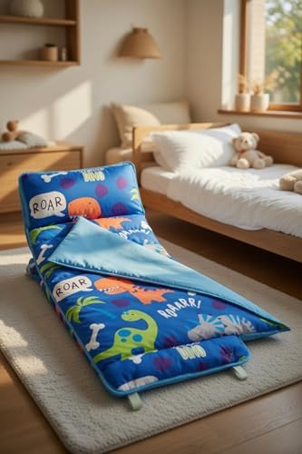 EVERYDAY KIDS Nap Mat with Removable Pillow - Roarin' Dinos - Carry Handle with Straps Closure, Rollup Design, Soft Microfiber for Preschool, Daycare, Travel Sleeping Bag - Ages 3-6 Years