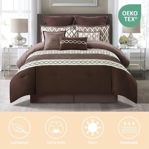 LANCO MODERN LIFESTYLE King Size Comforter Set, Brown, 10 Piece Bed in a Bag for All Seasons, Luxury Extreme Comfort Bedding Sets with Bedskirt, Pillow Shams, Euro Shams and Decor Pillows