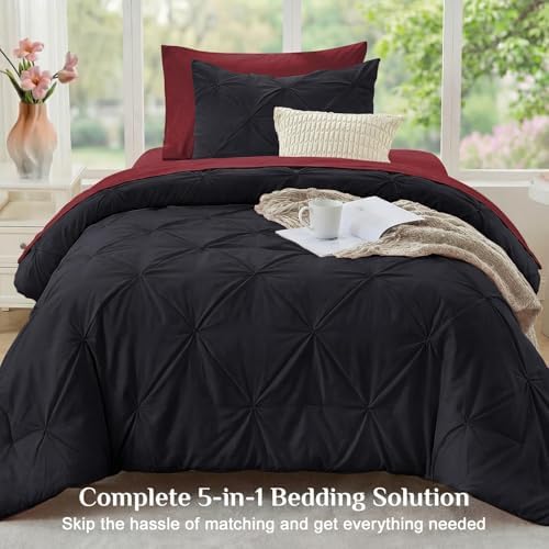 JOLLYVOGUE Twin Comforter Set 7 Pieces - Bed in a Bag Twin for All Season, Pintuck Bedding Comforter Sets with Comforter, Flat Sheet, Fitted Sheet and Pillowcases & Shams, Black & Burgundy
