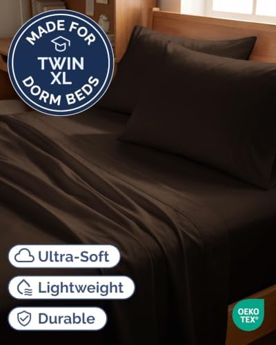 Twin XL 4 Piece Sheet Set - College Dorm Room Essentials - Chocolate Brown