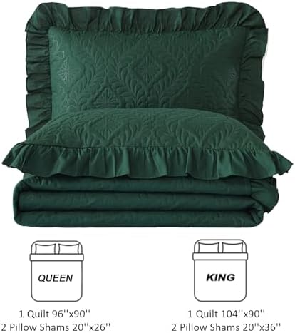 DJY King Quilt Set Emerald Green, 3 Pieces Ruffled Bedspreads Quilt