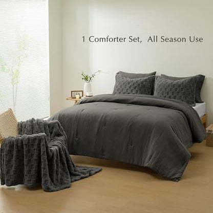 HIG 4pc 2-in-1 Queen Comforter Set with Detachable Fluffy Blanket, Dark Gray