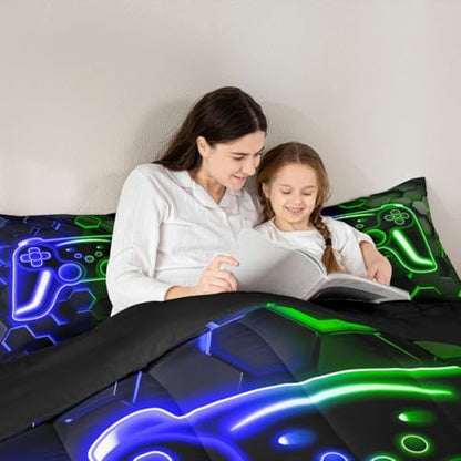 Erosebridal Gamer Comforter Set Neon Honeycomb Gaming Girl Toddler Bedding Set, Video Game Console Comforter Blue Green Hexagon Lights Quilt,Kids Room Decor