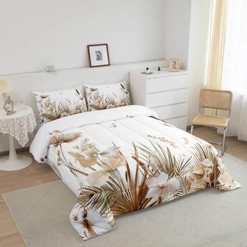 jejeloiu Brown Floral Leaves Comforter Set Full Size Kids Boho Bedding Set for Boys Girls Teens Bohemian Duvet Breathable Spring Wildflower Quilt Bedroom Decor,1 Comforter with 2 Pillowcase