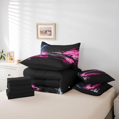 Feelyou Race Car Comforter Set with Sheets King Size Kids Speed Sports Car 7 Pieces Bedding Set for Boys Girls Teens Racing Car Bed in a Bag Breathable Extreme Sports Bed Set Pink Automobile