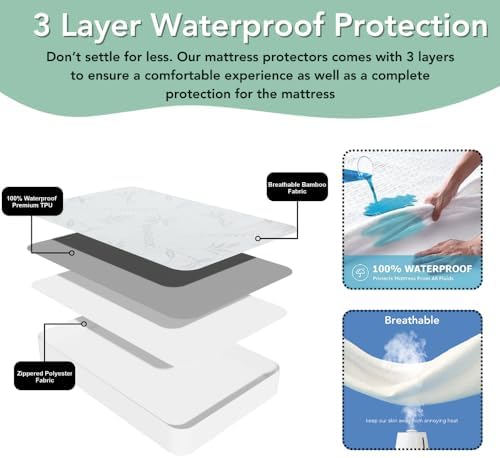 Bamboo Rayon Mattress Protector with Zipper +1 Pillow Protector - 100% Waterproof Cooling Twin XL Size Cover - Ultra Soft Fabric Breathable Noiseless Mattress Pad Covers Zippered Encasement