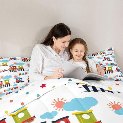 Feelyou Cartoon Train Comforter Set Queen Size Cute Transports Car Bedding Set for Kids Boys Girls Retro Steam Engine Duvet Quilt Bedroom Decor Microfiber 3 Pcs with 2 Pillow Cases