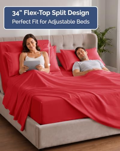 Extra Deep Flex Top Split Head King Sheet Set - 6pc Cooling Sheets - Red