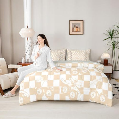 Lucky 8 Ball Comforter Set Twin Size,Girly Fashion Y2K 7 Piece Bedding Set For Kids Boys Girls,Coquette Cherry Bow Bed In A Bag With Sheets For Preppy Room Decor,Beige White Checkerboard Plaid Bed Set